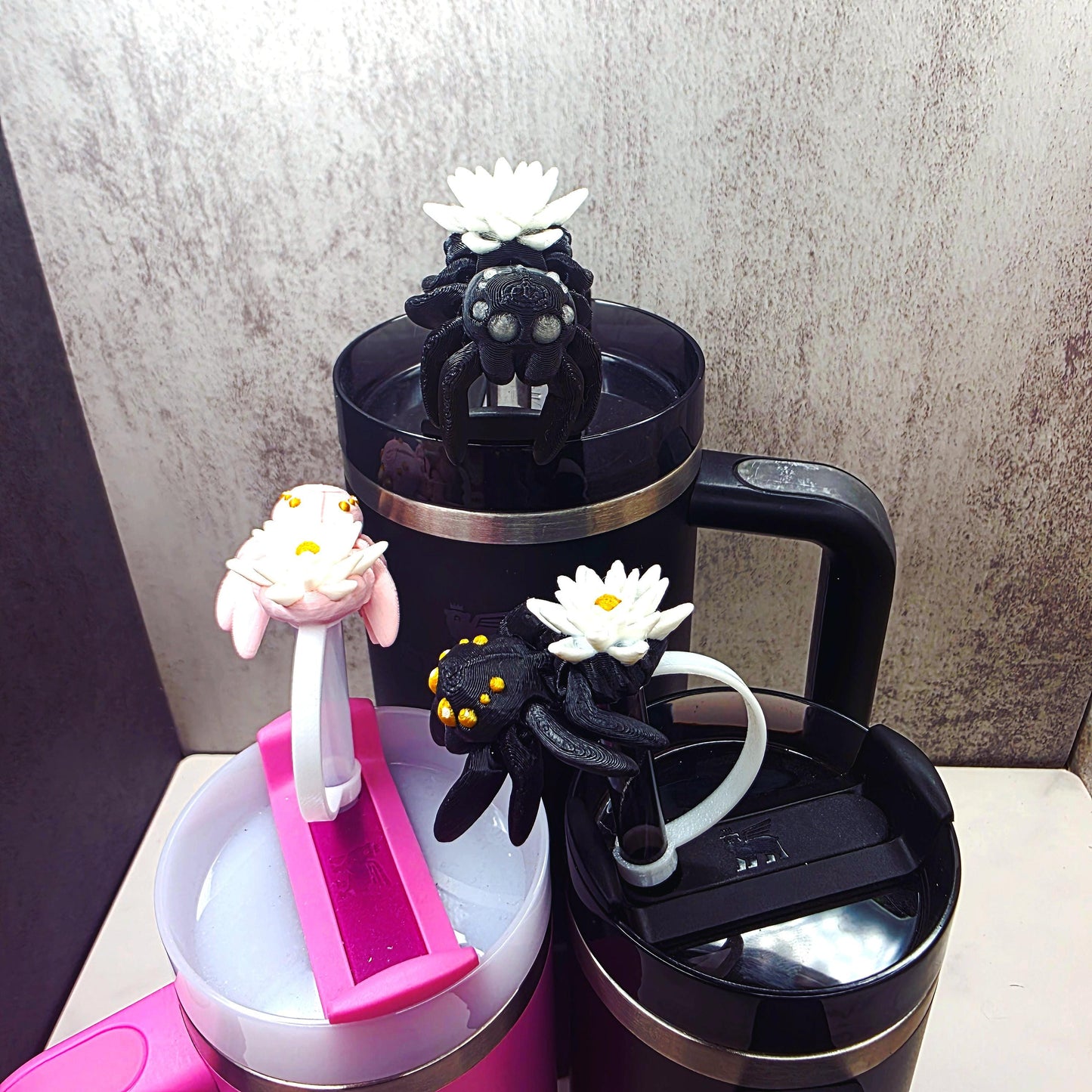 Cute Water Lily Spider Stanley Straw Cover – Flexible Body Lily Flower Custom Colors and Glow-in-the-Dark Option | Tumbler Accessory Charms