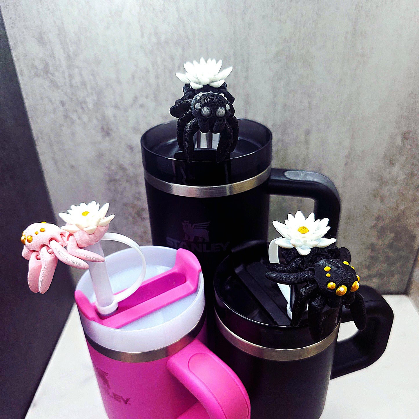 Cute Water Lily Spider Stanley Straw Cover – Flexible Body Lily Flower Custom Colors and Glow-in-the-Dark Option | Tumbler Accessory Charms