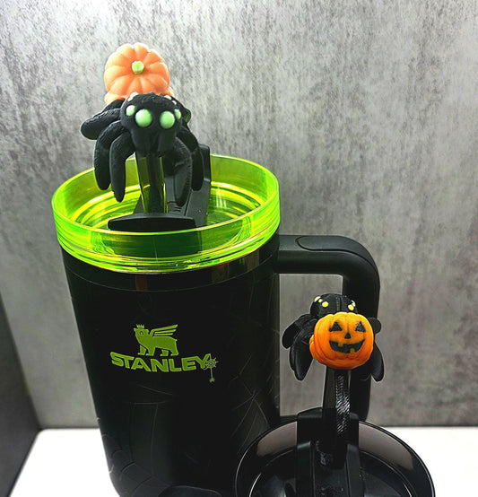 Cute Jack O Lantern Pumpkin Spider Stanley Straw Cover Flexible Body Custom Colors and Glow-in-the-Dark Option | Tumbler Accessory Charms