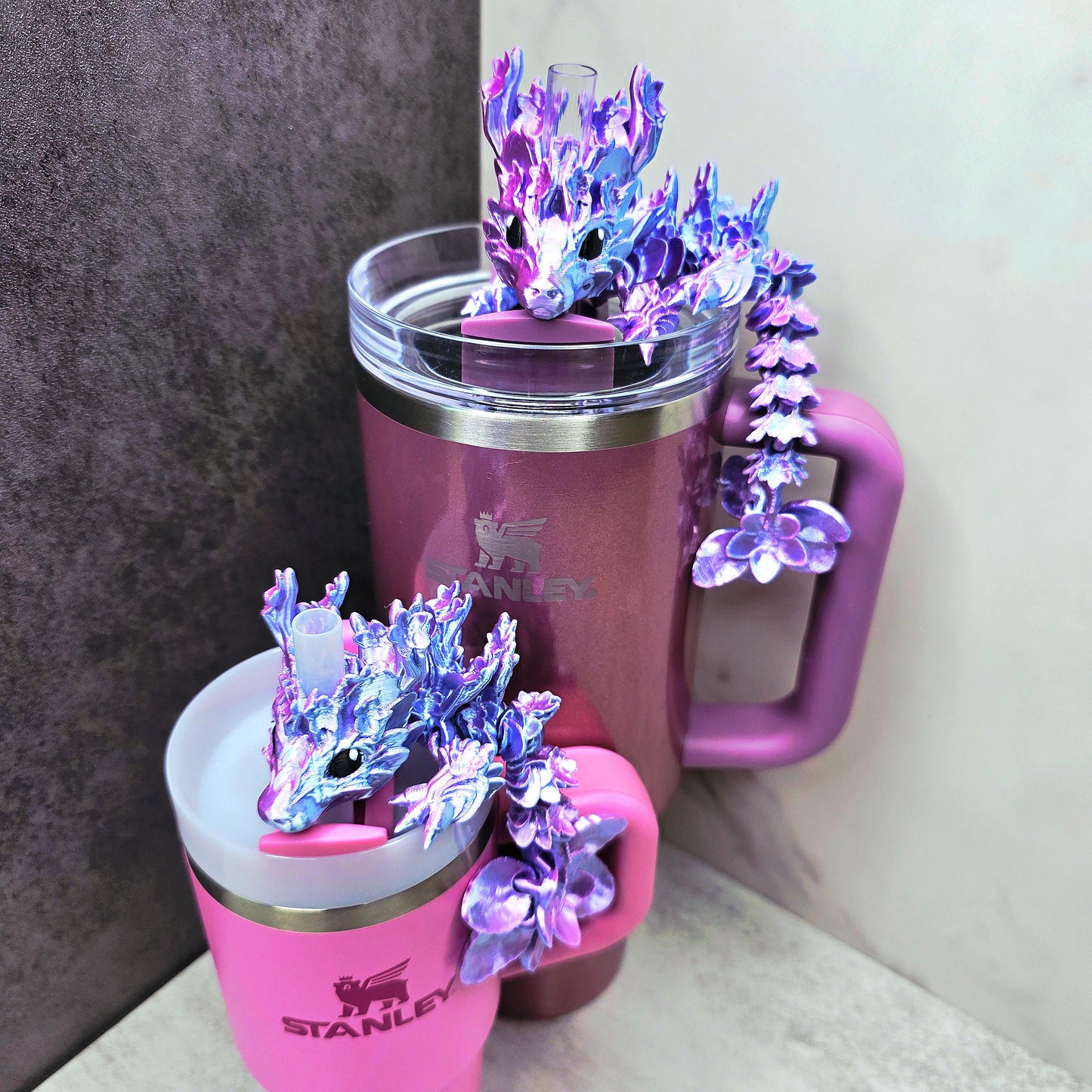 Cherry Blossom Dragon Straw Topper for Stanley Tumbler | Fantasy Floral Cup Charm | Cute Spring Dragon Accessory for Drinkware