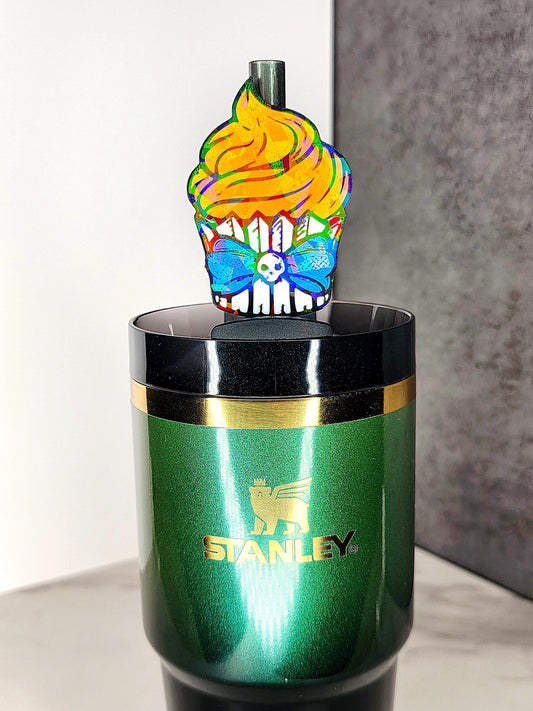Spooky Cupcake Straw Topper with Skull Bow – Halloween Tumbler Accessory | Fits 7–10mm Straws | Custom Colors Available | Tumbler Charms