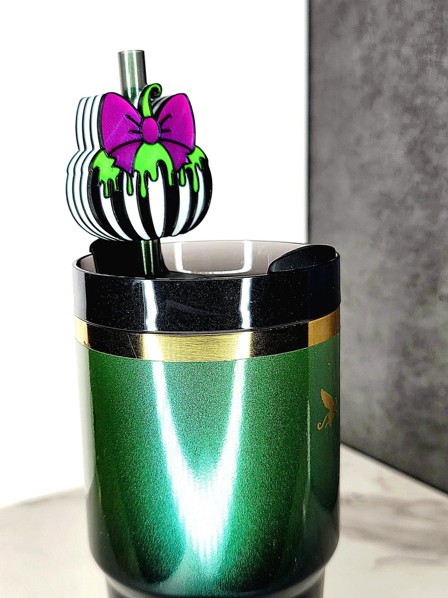 Spooky Cute Slime Pumpkin Straw Topper Accessory – Black & White Stripes with Bow | Halloween Tumbler Charm | Fits 7–10mm Straws