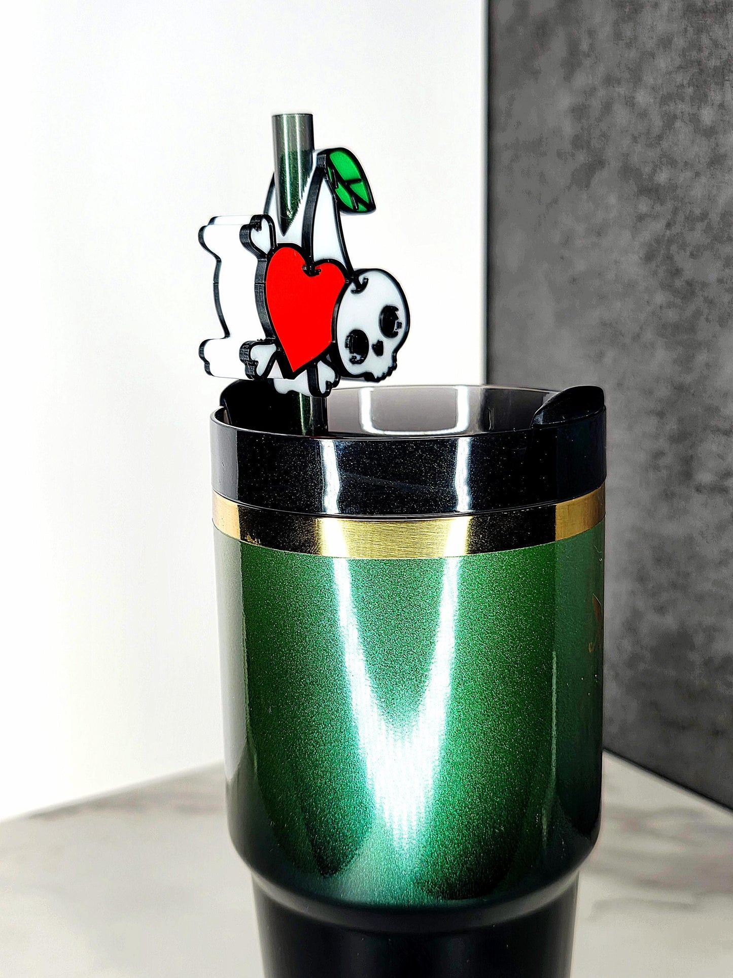 Heart & Skull Cherries Straw Topper Charm – Spooky Cute Tumbler Accessory | 3D Printed for 7–10mm Straws | Custom Colors Available