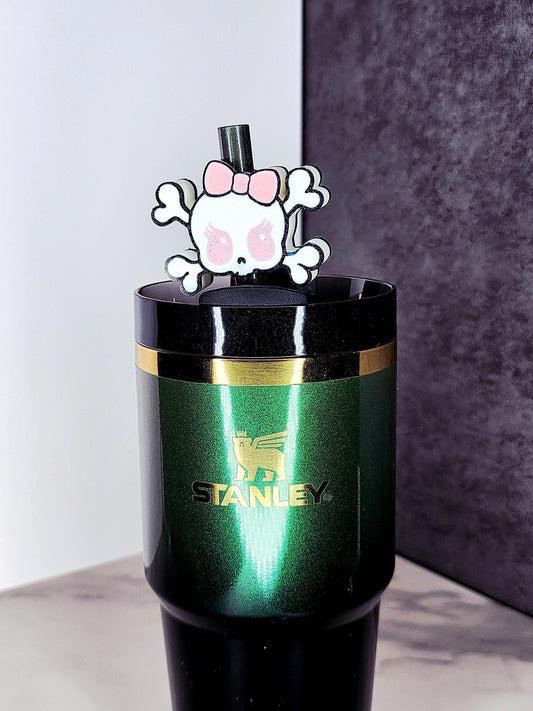Cute Girly Skull with Bow Straw Topper Charm – Spooky Sweet Tumbler Accessory | 3D Printed for 7–10mm Straws | Custom Colors