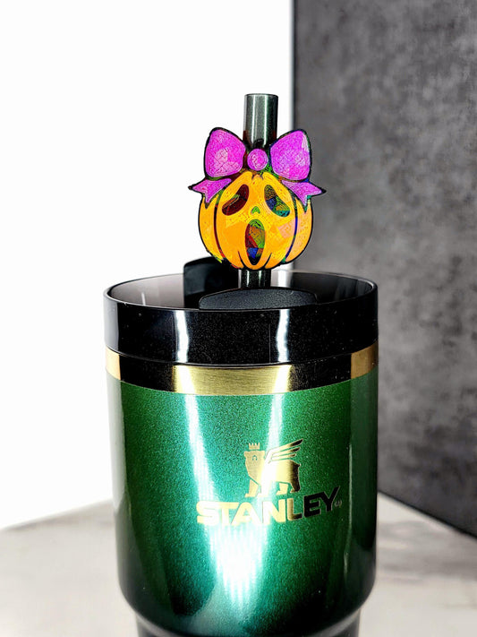 Ghost Pumpkin with Bow Straw Topper Charm – Spooky Cute Tumbler Accessory | 3D Printed for 7–10mm Straws | Custom Colors Available