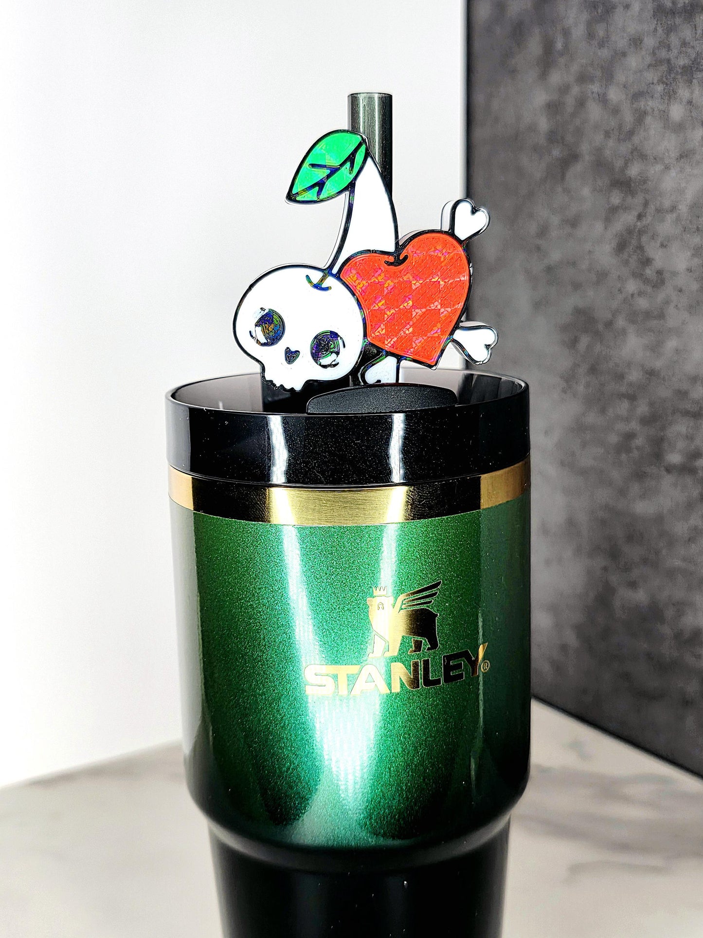 Heart & Skull Cherries Straw Topper Charm – Spooky Cute Tumbler Accessory | 3D Printed for 7–10mm Straws | Custom Colors Available