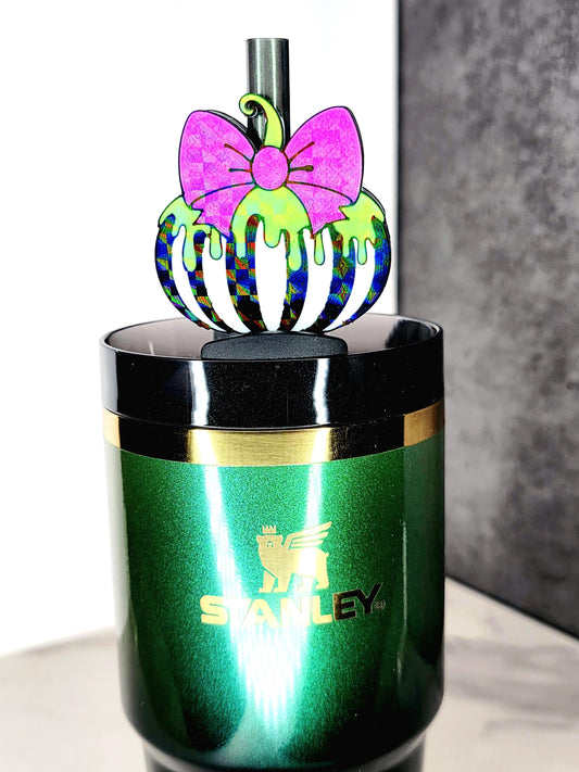 Spooky Cute Slime Pumpkin Straw Topper Accessory – Black & White Stripes with Bow | Halloween Tumbler Charm | Fits 7–10mm Straws