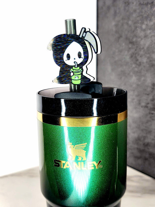 Cute Grim Reaper With Tumbler Straw Topper Charm – Halloween Tumbler Accessory | 3D Printed for 7–10mm Straws | Spooky Cute Cup Charm