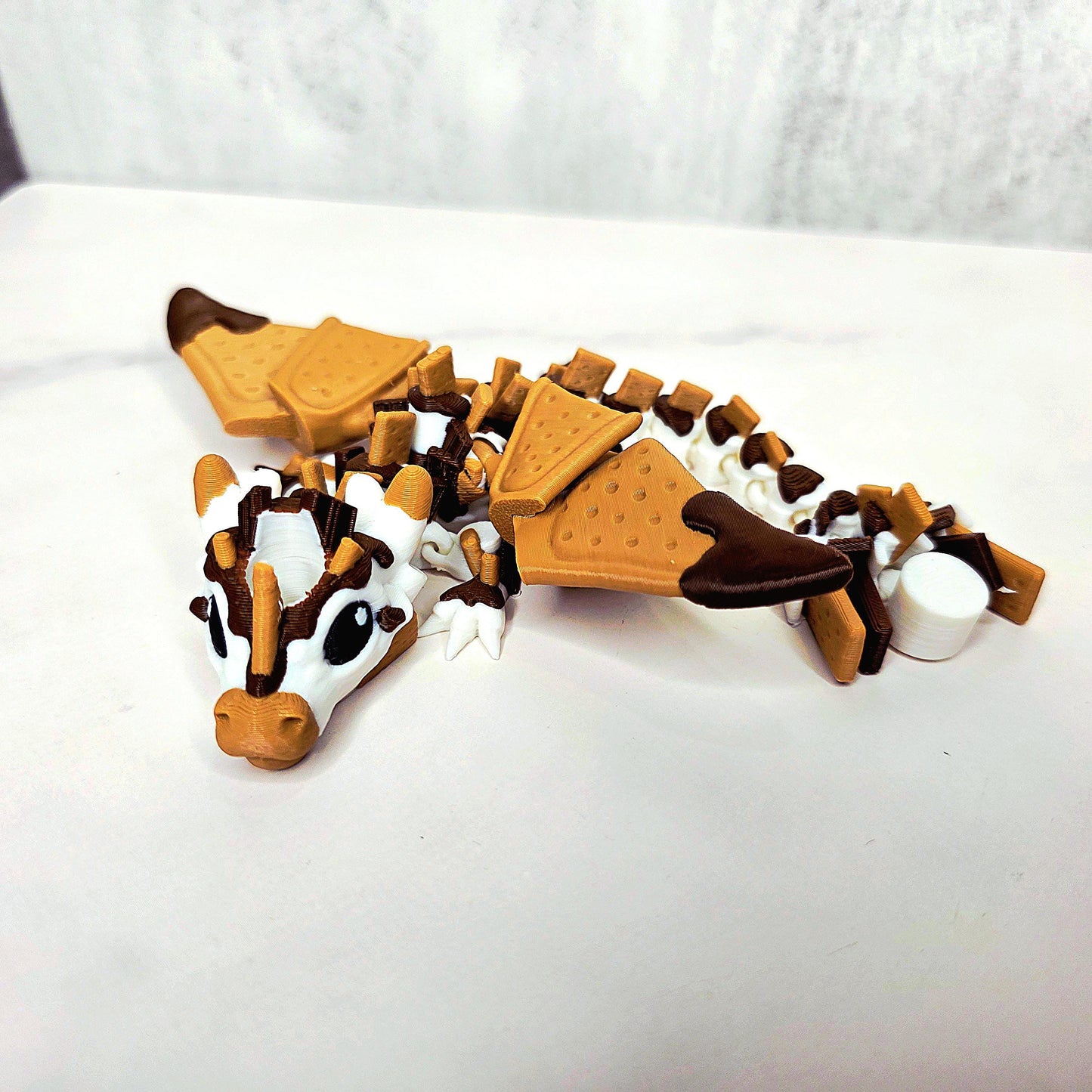 S’mores Dragon Stanley Straw Topper – Flexible 3D Printed Tumbler Accessory Charm with Marshmallow Scales, Graham Cracker Wings & Cow Face