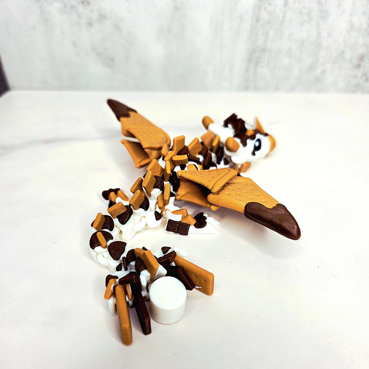 S’mores Dragon Stanley Straw Topper – Flexible 3D Printed Tumbler Accessory Charm with Marshmallow Scales, Graham Cracker Wings & Cow Face