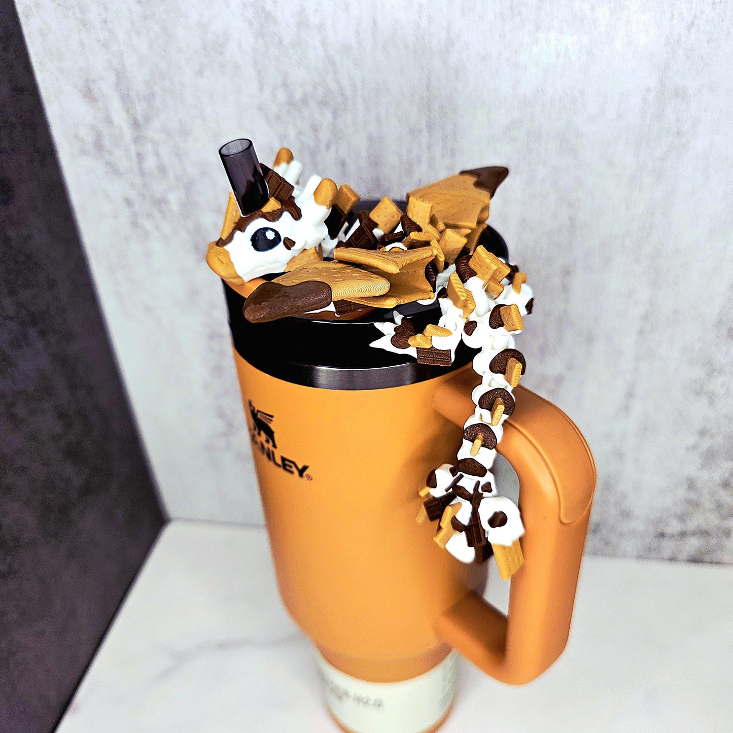 S’mores Dragon Stanley Straw Topper – Flexible 3D Printed Tumbler Accessory Charm with Marshmallow Scales, Graham Cracker Wings & Cow Face
