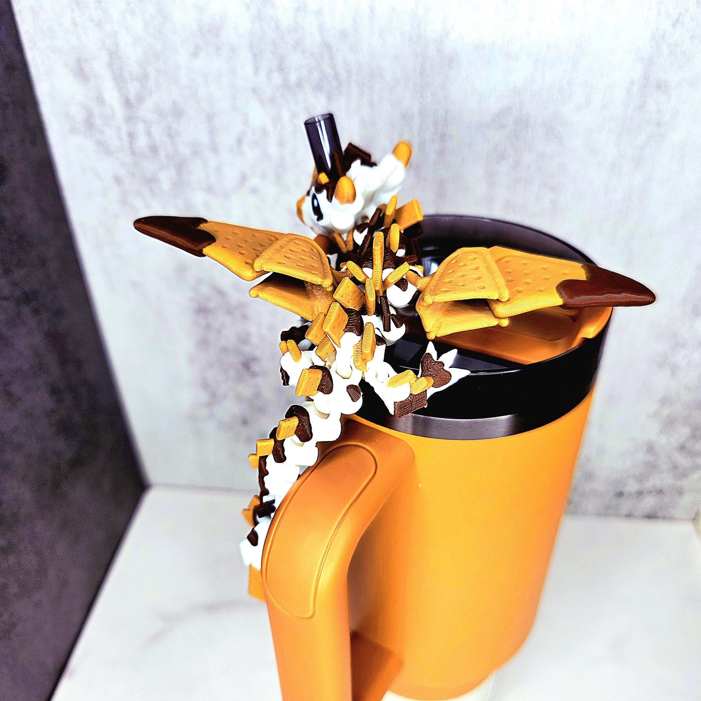 S’mores Dragon Stanley Straw Topper – Flexible 3D Printed Tumbler Accessory Charm with Marshmallow Scales, Graham Cracker Wings & Cow Face