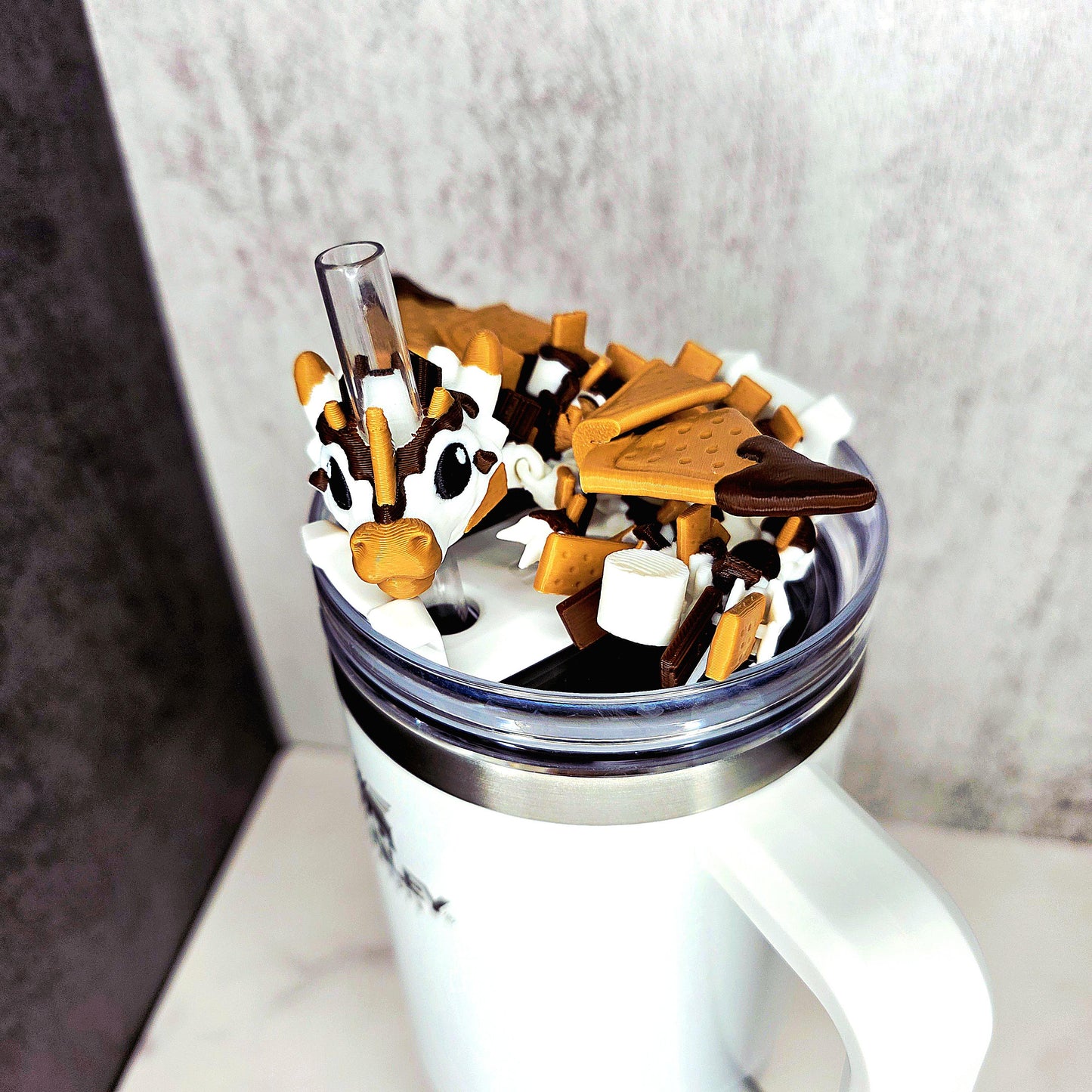 S’mores Dragon Stanley Straw Topper – Flexible 3D Printed Tumbler Accessory Charm with Marshmallow Scales, Graham Cracker Wings & Cow Face