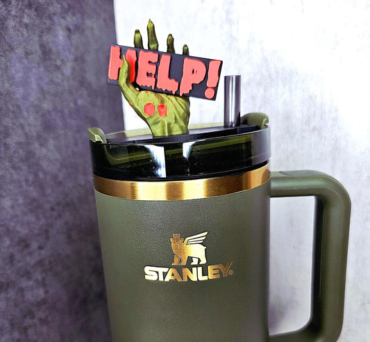 Zombie Hand "HELP" Stanley Tumbler Lid Topper – Spooky Halloween Cup Accessory Charm for 20oz 30oz 40oz – Horror 3D Printed Lid Decor