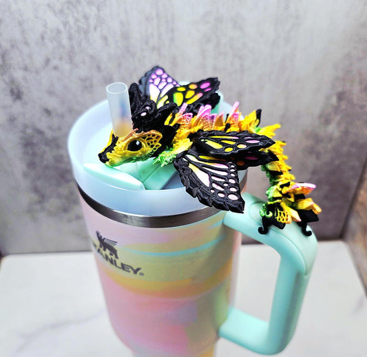 Rainbow Fae Dragon Stanley Straw Topper – Cute Butterfly Tumbler – Colorful or Glow-in-the-Dark Fantasy Cup Fairy Accessory Charm