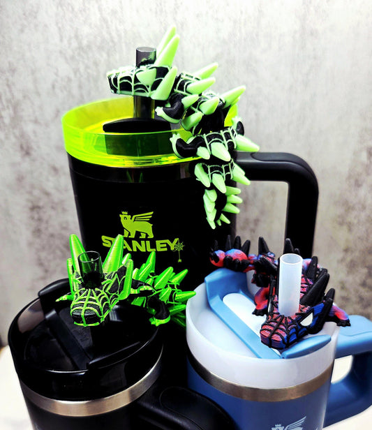 Spider Dragon Stanley Straw Topper – Webbed Spikey Scales Custom Colors & Glow-in-the-Dark Option | 20oz 30oz 40oz Tumbler Accessory Charms