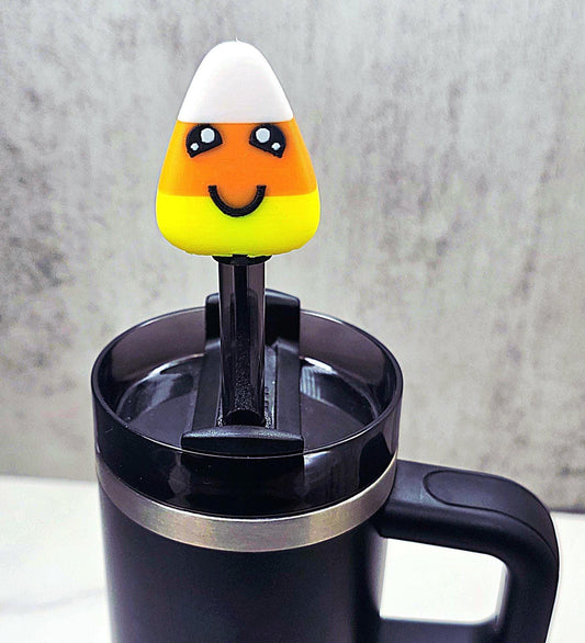 Cute Happy Candy Corn Stanley Straw Cover – Halloween Tumbler Accessory Charm to Keep Bugs & Debris Out | Fits 20oz 30oz 40oz Cups
