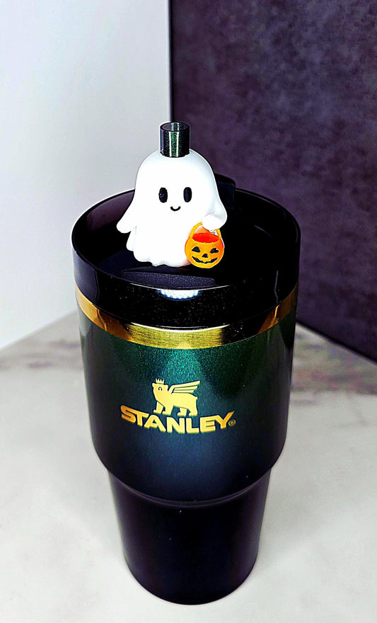 Cute Trick or Treat Ghost Straw Topper Charm for Tumblers – Fits 7-10mm Straws | Halloween Tumbler Accessory | Jack-o’-Lantern Design