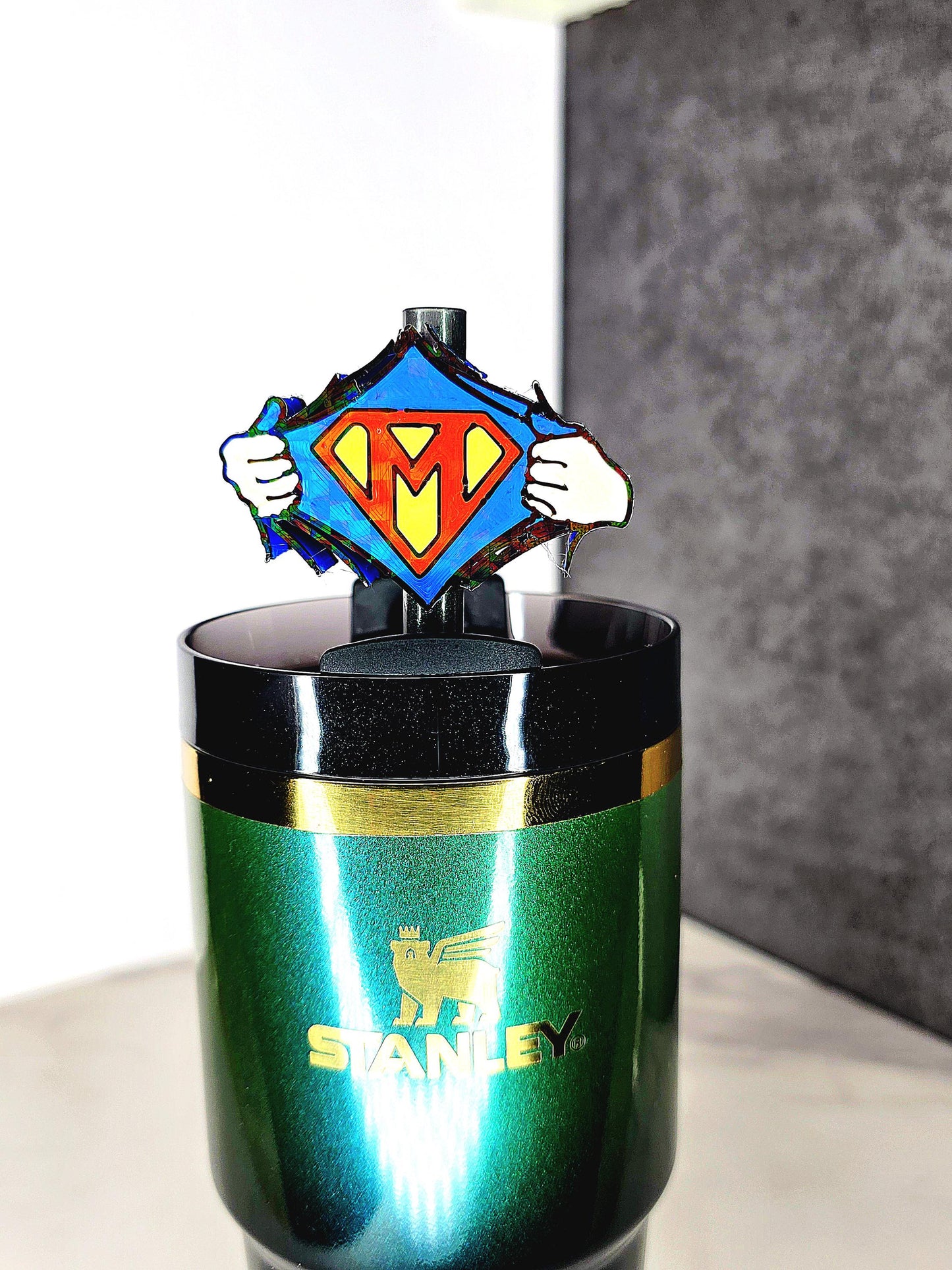 Hero Reveal Straw Topper – Custom Letter & Colors | Fits 7mm–10mm Straws | Tumbler Accessory Shirt Pull Straw Charm | Gift For Him or Dad