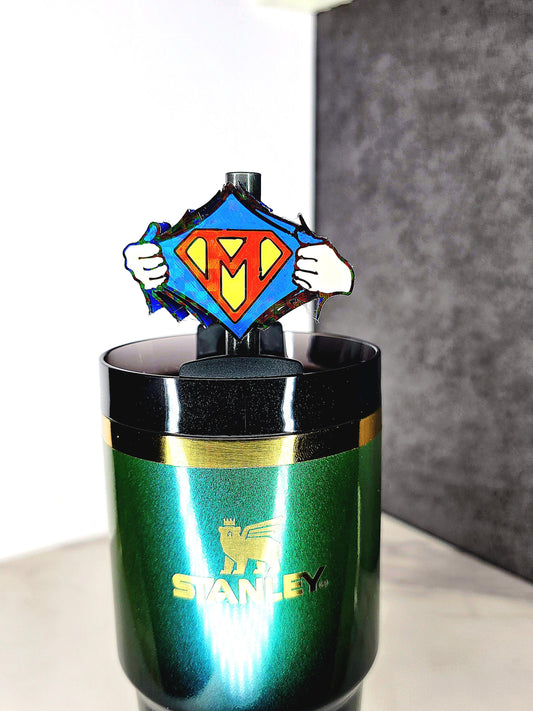 Hero Reveal Straw Topper – Custom Letter & Colors | Fits 7mm–10mm Straws | Tumbler Accessory Shirt Pull Straw Charm | Gift For Him or Dad