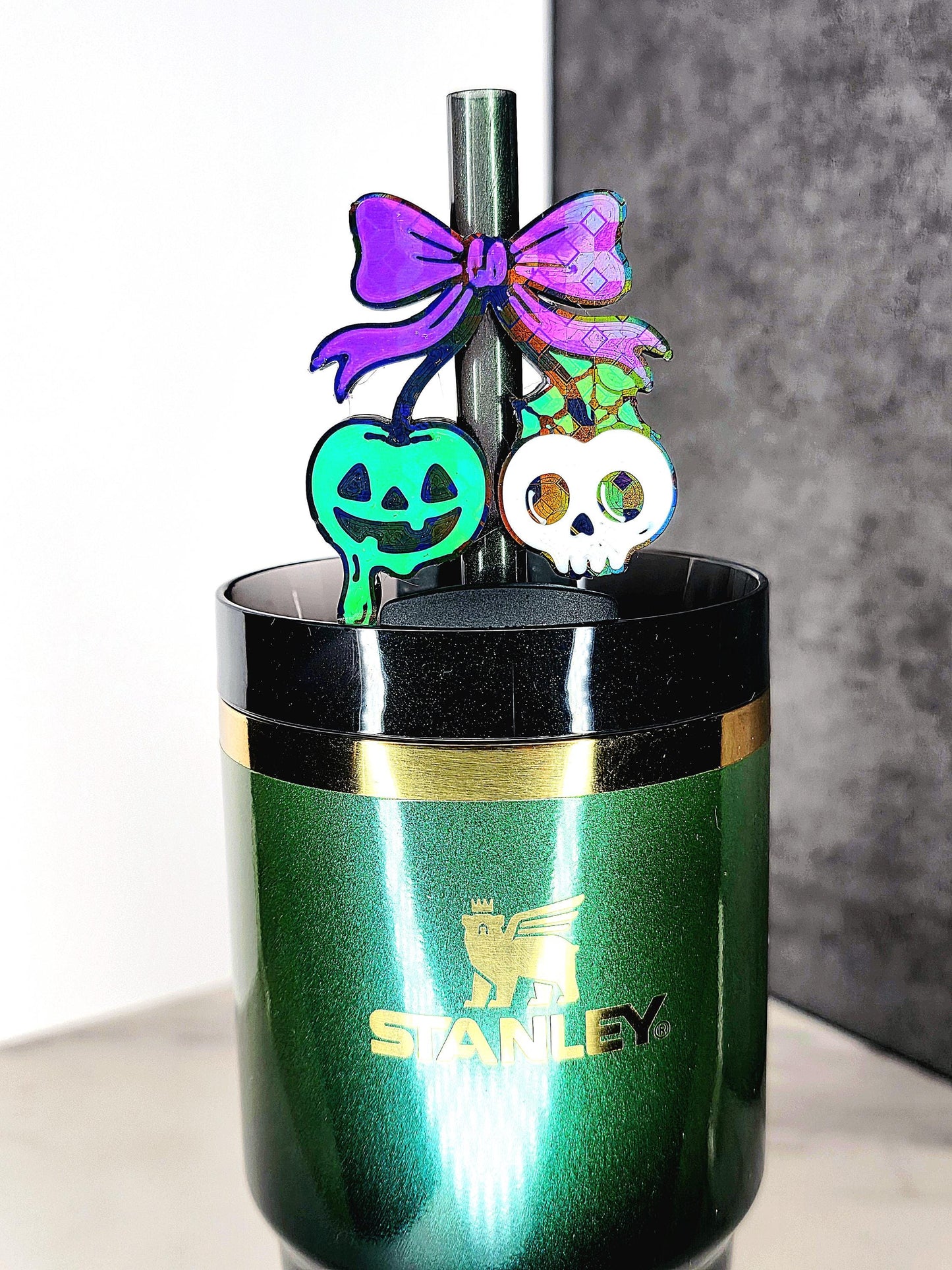 Cherry Skull & Pumpkin Straw Topper Charm – Halloween Tumbler Accessory with Bow | 3D Printed | Fits 7–10mm Straws | Custom Colors
