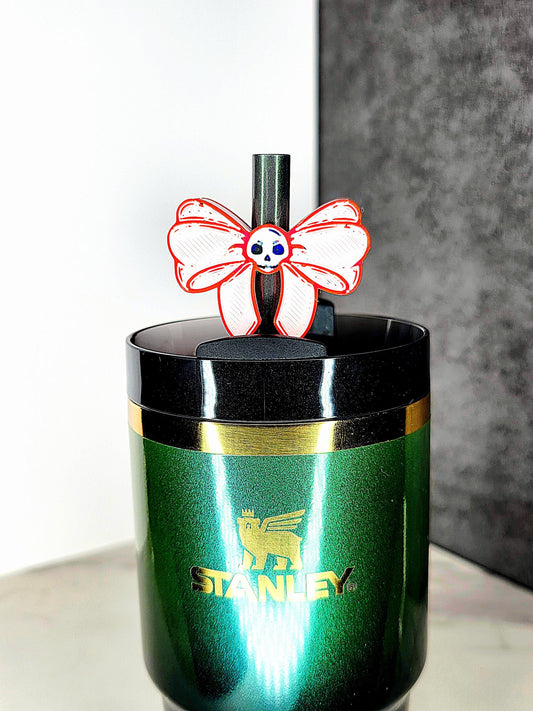 Cute Spooky Skull Bow Straw Topper Charm – Halloween Tumbler Accessory | 3D Printed for 7–10mm Straws | Custom Colors Available