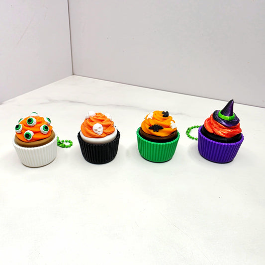Spooky Halloween Cupcake Fidget Keychain Clicker Charms | Skull, Eyeball, Bat, Ghost & Witch Hat Toppings for Keys, Tumblers, Bags, and More