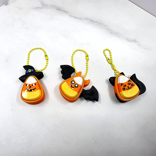 3D Printed Spooky Candy Corn Fidget Clicker Keychains | Vampire Bat, Witch & Kitty Halloween Holographic Key Charms