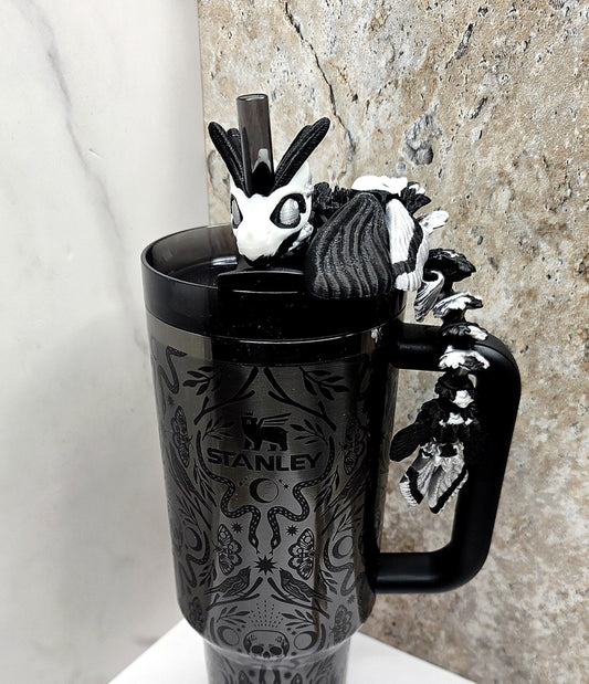 Death Moth Dragon Straw Topper for Stanley Tumblers | Gothic Skull & Moth Wing Cup Accessory | Spooky Halloween Tumbler Topper Charm
