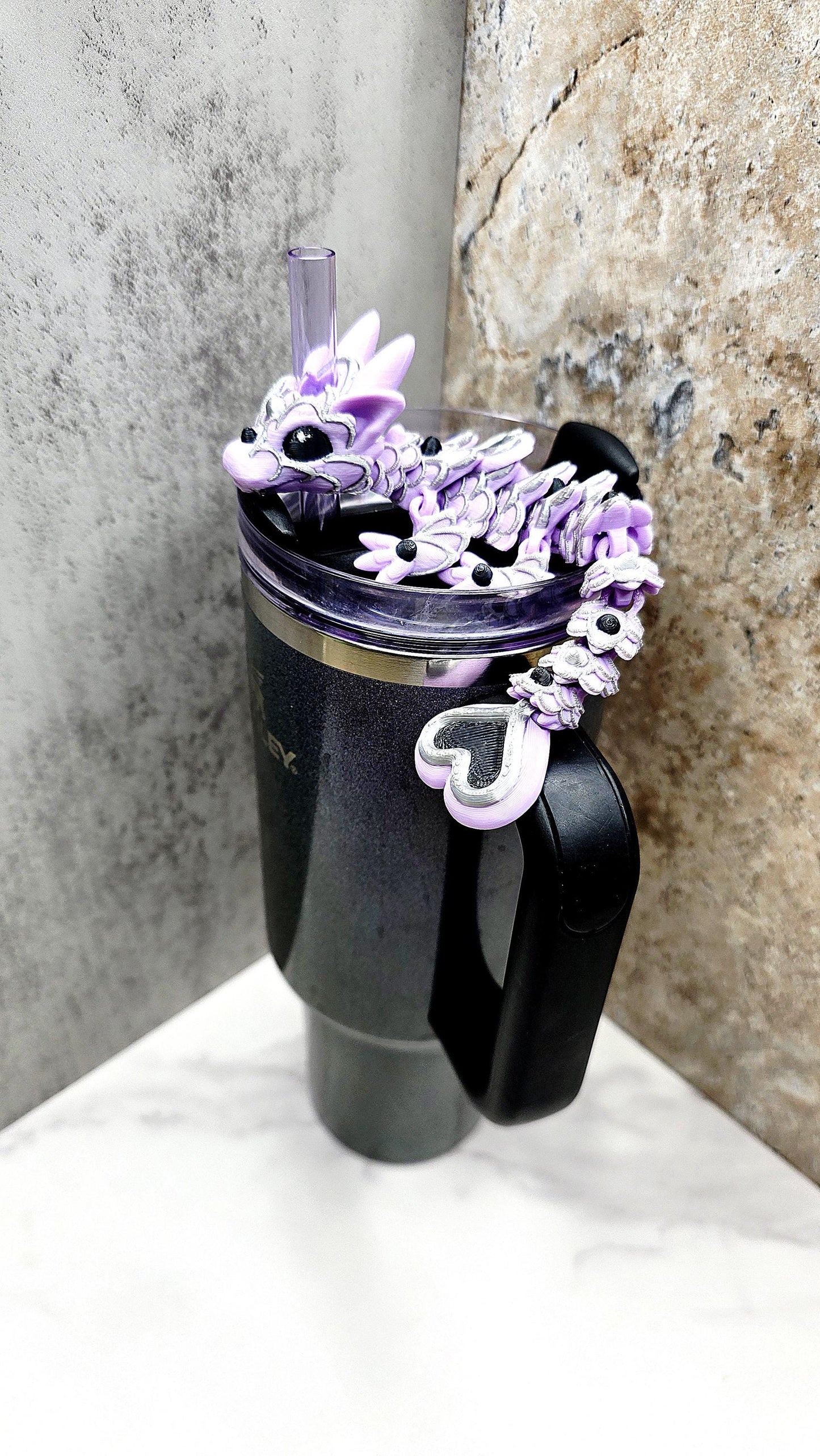 Spellcast Heart Dragon Straw Topper for Stanley Tumblers | Lavender Silver Black Halloween Accessory Fits 20oz 30oz 40oz Stanley Tumbler