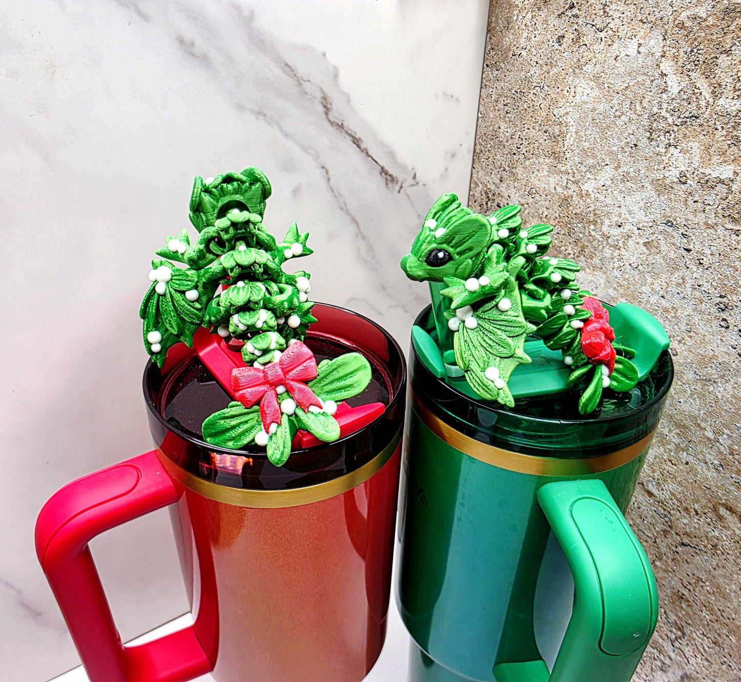Tiny Mistletoe Dragon Straw Cover for Stanley Tumblers | Holiday Straw Topper with Bow Tail | Christmas Drink Accessory Charm