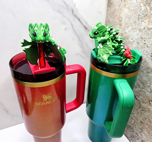 Tiny Mistletoe Dragon Straw Cover for Stanley Tumblers | Holiday Straw Topper with Bow Tail | Christmas Drink Accessory Charm
