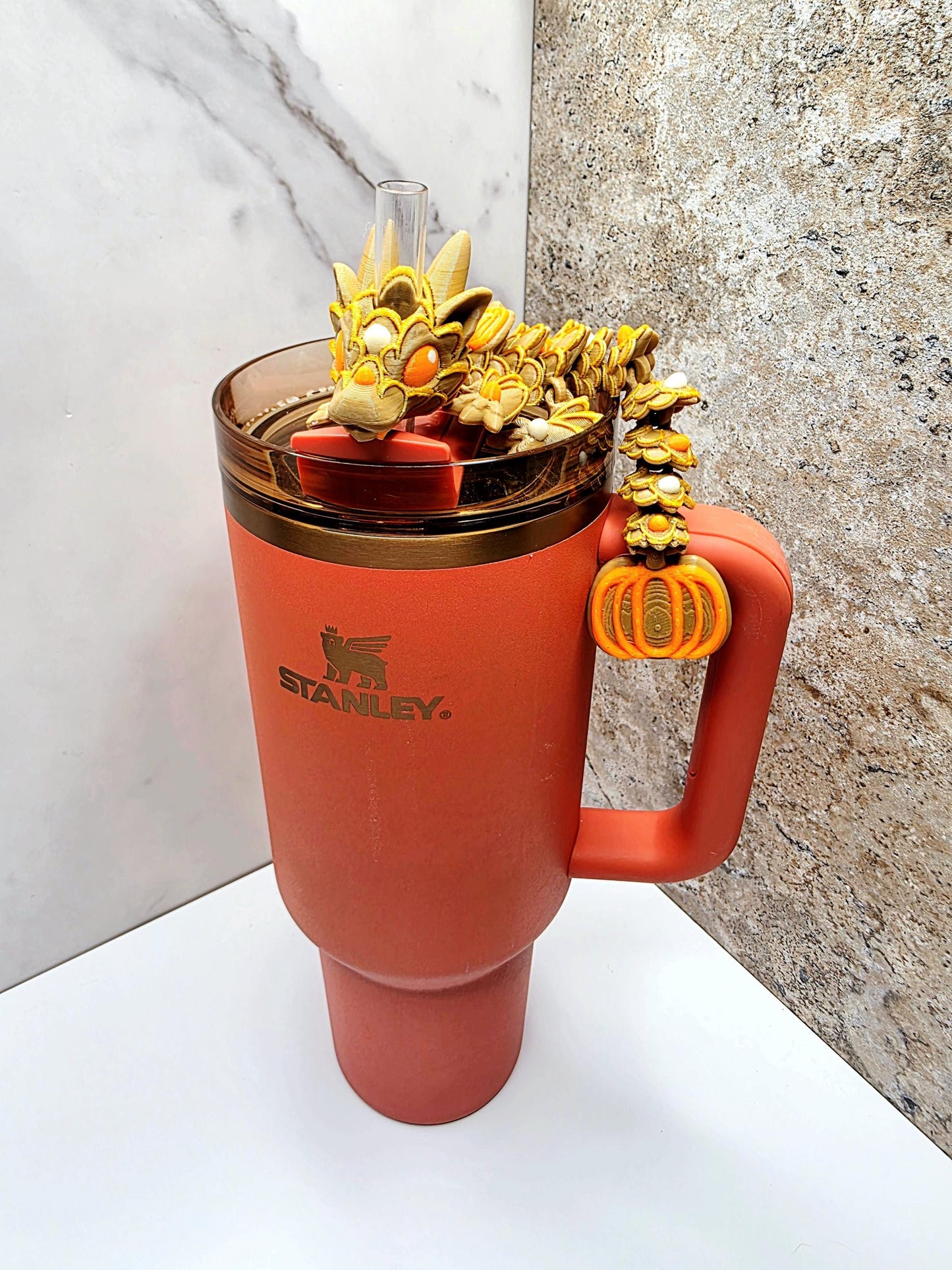Fall Pumpkin Pie Dragon for Stanley Tumblers | Brown, Orange & Gold Straw Topper | Autumn Cookie-Inspired Tumbler Accessory Charm