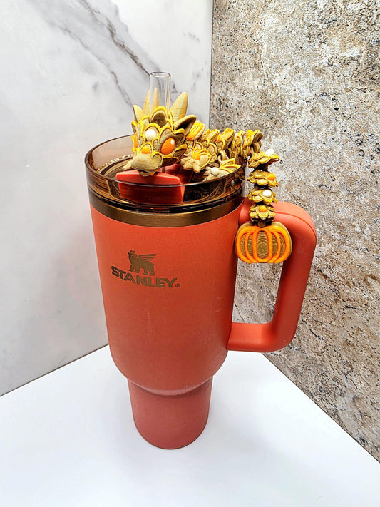Fall Pumpkin Pie Dragon for Stanley Tumblers | Brown, Orange & Gold Straw Topper | Autumn Cookie-Inspired Tumbler Accessory Charm