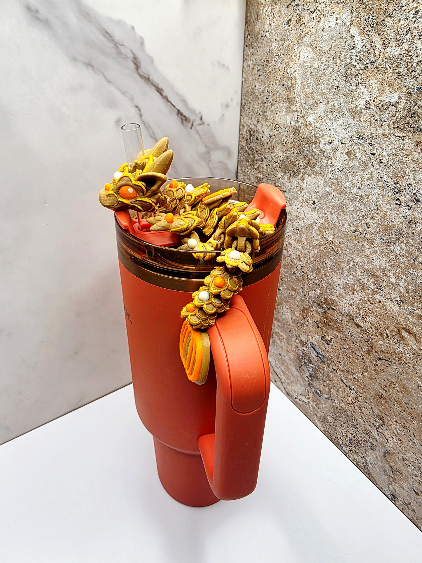 Fall Pumpkin Pie Dragon for Stanley Tumblers | Brown, Orange & Gold Straw Topper | Autumn Cookie-Inspired Tumbler Accessory Charm