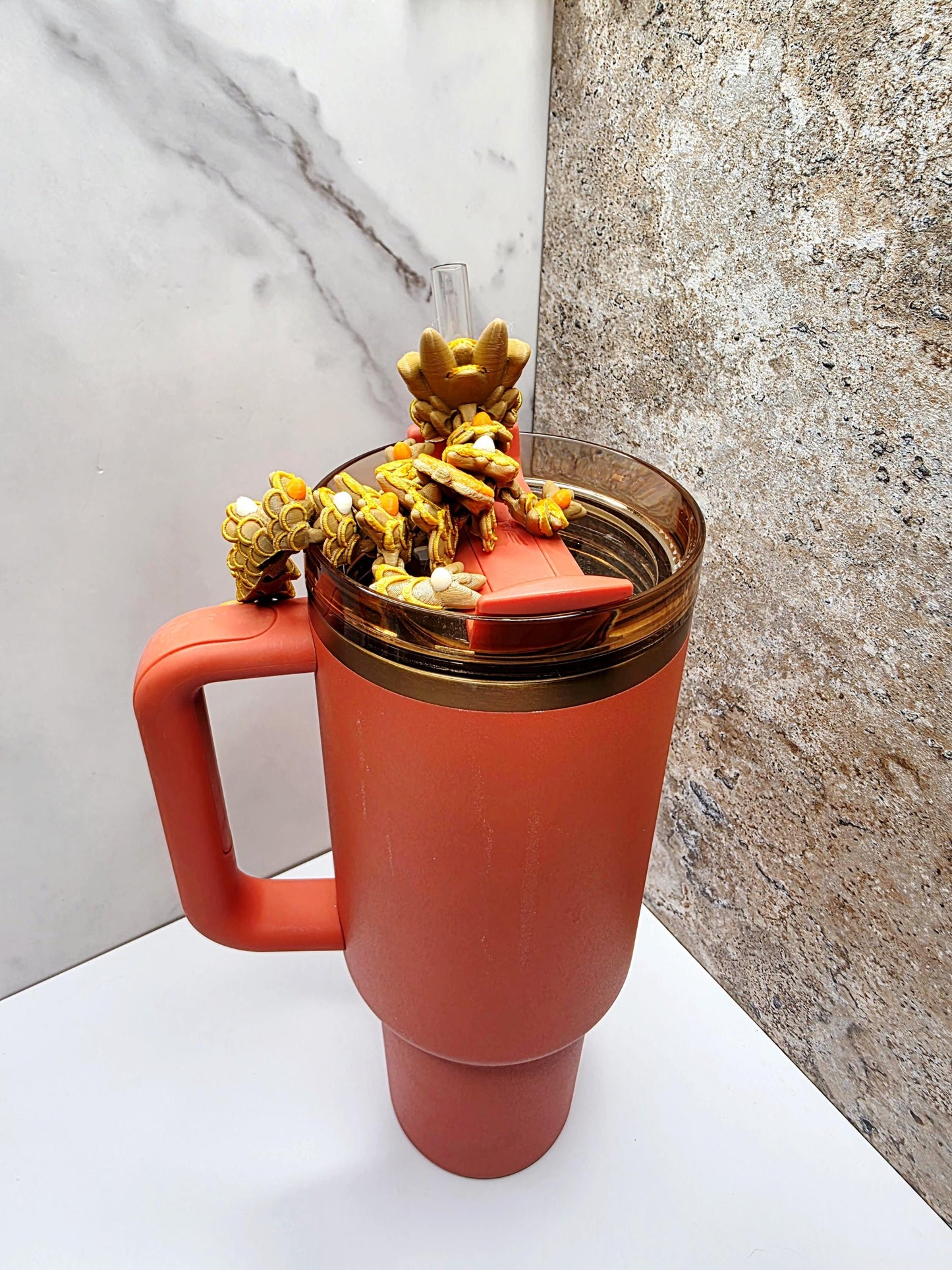 Fall Pumpkin Pie Dragon for Stanley Tumblers | Brown, Orange & Gold Straw Topper | Autumn Cookie-Inspired Tumbler Accessory Charm