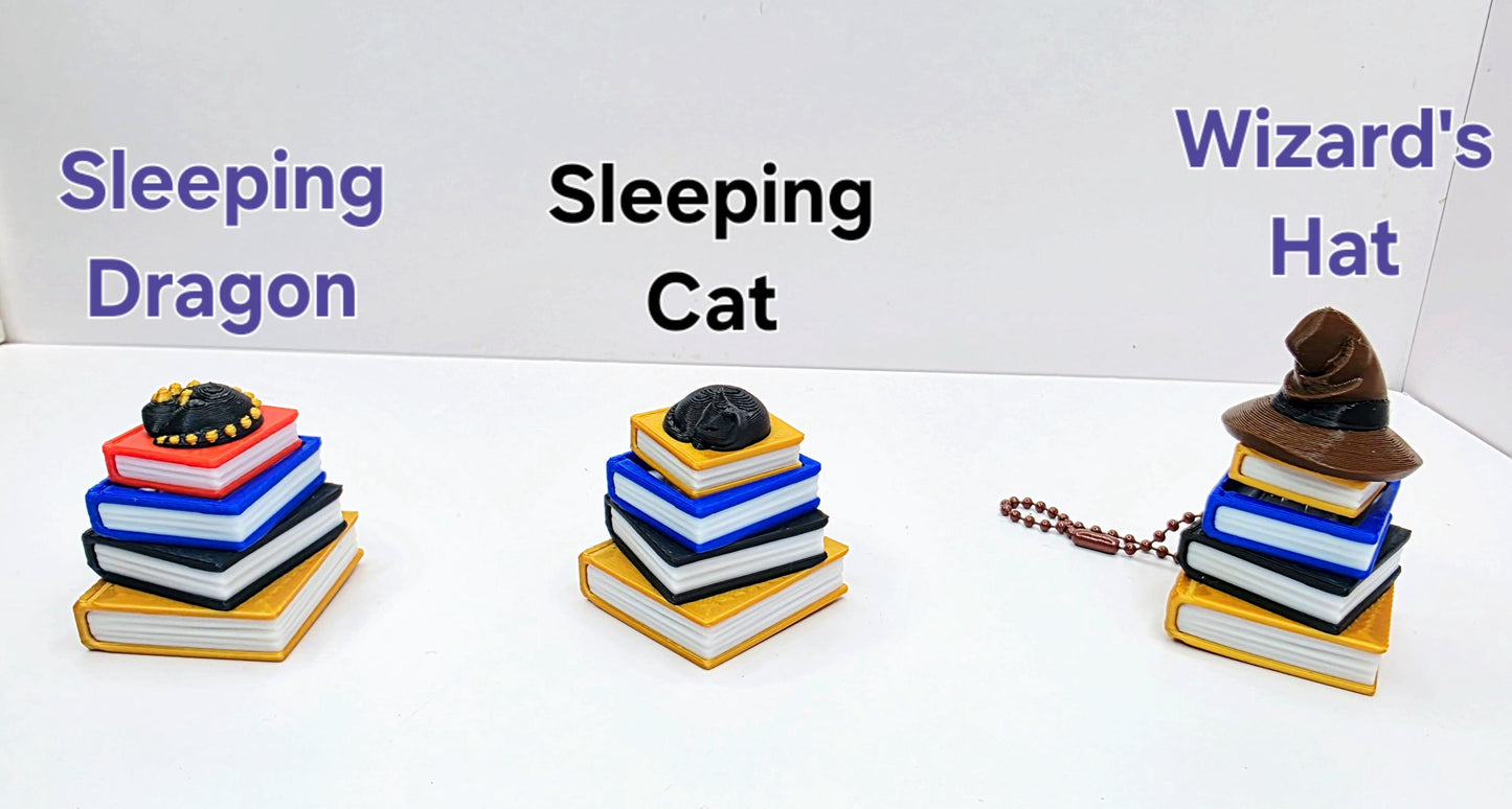 3D Printed Stack of Books Fidget Clicker Keychain – Wizard Hat, Sleeping Dragon, Cat, Wolf, Skull & Spicy Designs | Custom Color and Designs