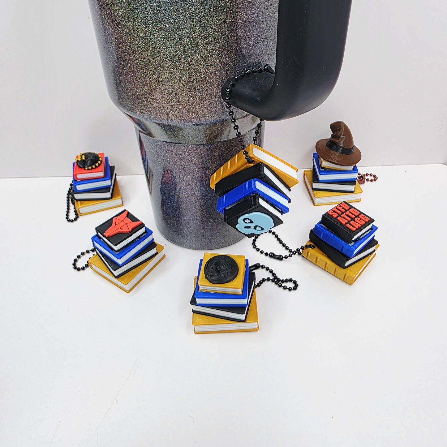 3D Printed Stack of Books Fidget Clicker Keychain – Wizard Hat, Sleeping Dragon, Cat, Wolf, Skull & Spicy Designs | Custom Color and Designs