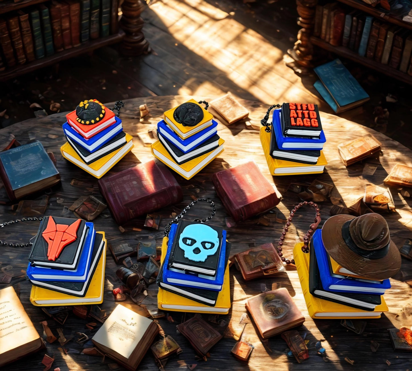 3D Printed Stack of Books Fidget Clicker Keychain – Wizard Hat, Sleeping Dragon, Cat, Wolf, Skull & Spicy Designs | Custom Color and Designs