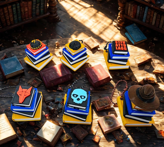 3D Printed Stack of Books Fidget Clicker Keychain – Wizard Hat, Sleeping Dragon, Cat, Wolf, Skull & Spicy Designs | Custom Color and Designs