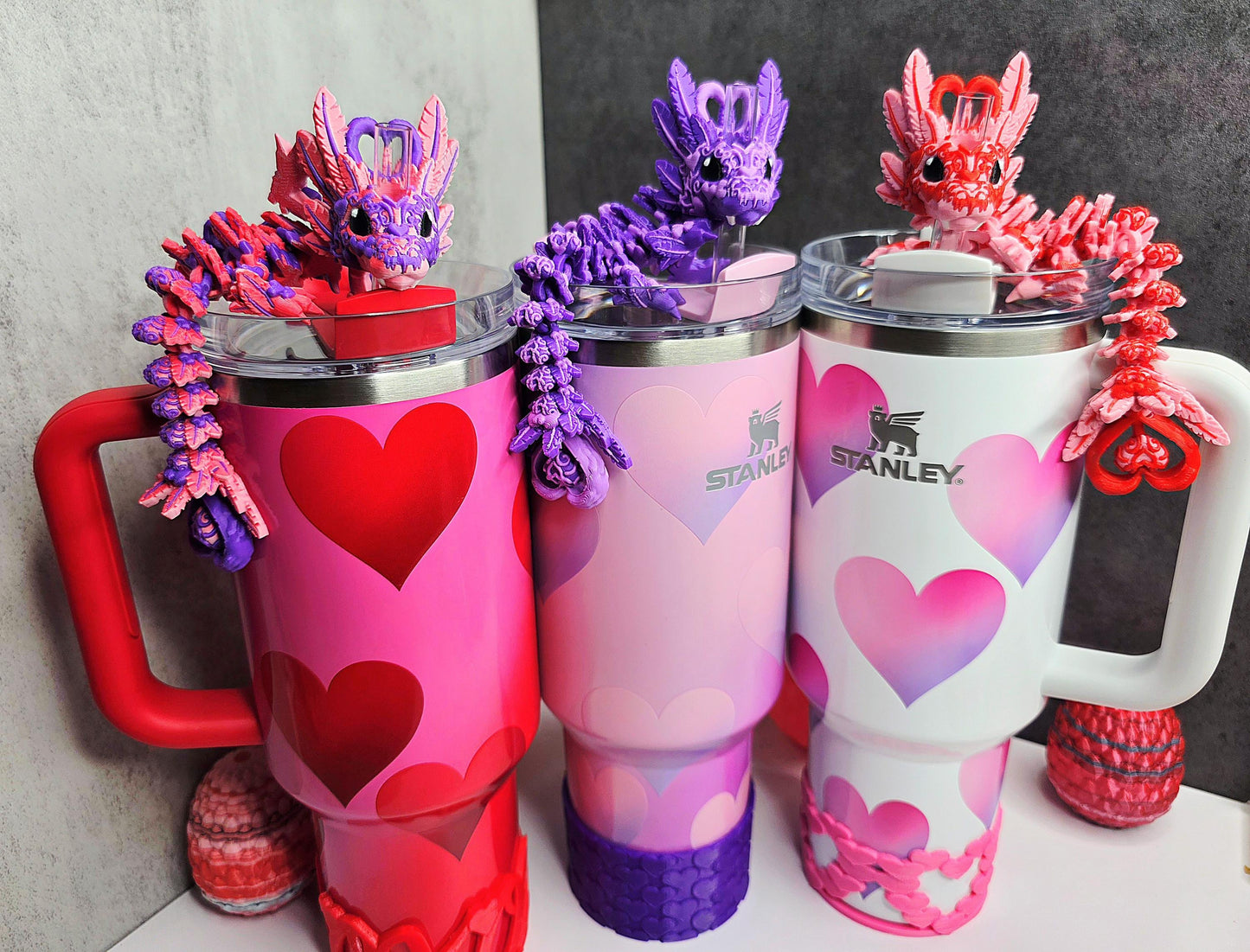 Valentine’s Light Heart Dragon Straw Topper for Stanley Tumblers | 13 Design Options | FREE Boot | Custom Colors Available