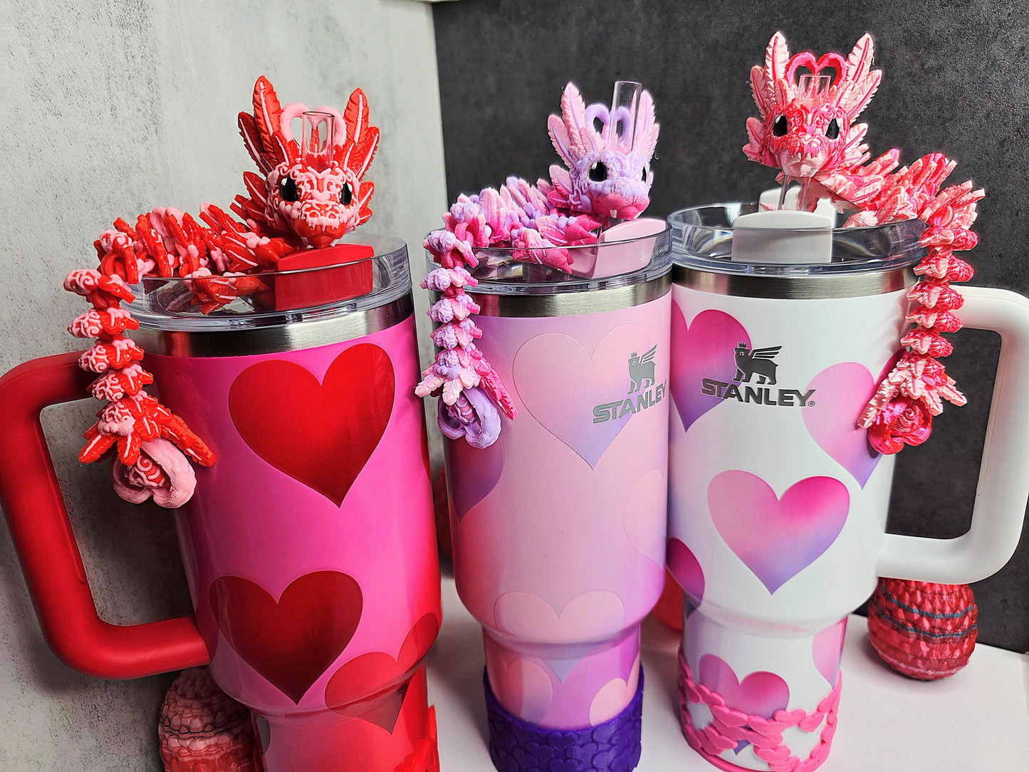 Valentine’s Light Heart Dragon Straw Topper for Stanley Tumblers | 13 Design Options | FREE Boot | Custom Colors Available
